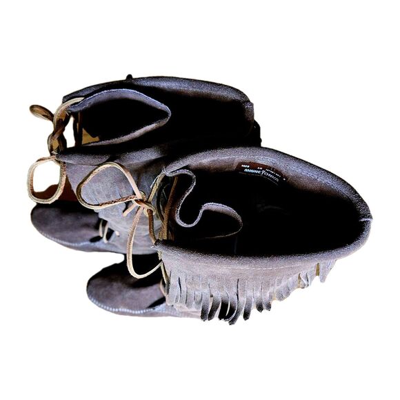 Minnetonka 1422 Leather Moccasins Tall Fringe Suede Boho Lace Up Boots Size 10 - Picture 6 of 7